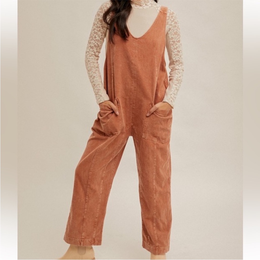 Hem & Thread Rust Corduroy Wide-Leg Jumpsuit